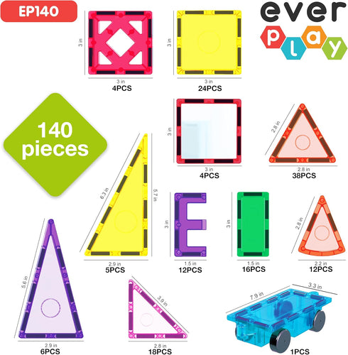 Everplay 140 pc Castle Rocket Magnetic Tiles with Car Set, Building Block Toys for STEM Educational Learning