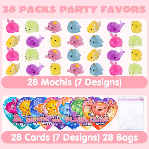 28 JOYIN PCS Valentines Day Gift Cards with Glitter Mochi Squishy Toys, Cute Sea Animals Mochi to Squeeze, Stress
