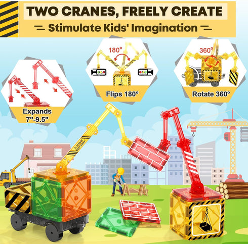 Kids Games Magnetic Tiles with 2 Cranes Construction Toys Set for Boys Girls Ages 3-13, Outdoor Sensory Toys