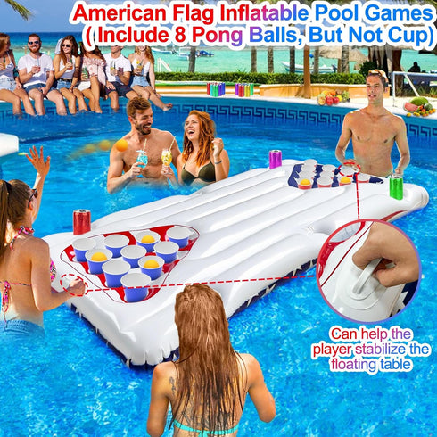 2 1 8 6x3 4th Summer in American Flag Pool Float & Pong Game Table with Balls, Ft Patriotic Inflatable Lounger