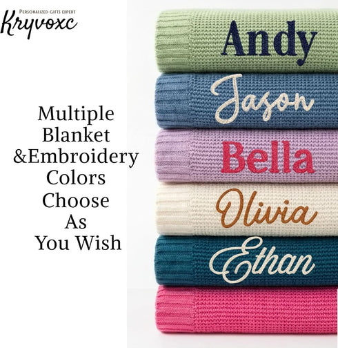 Kryvoxc Set, Personalized Baby Blanket with Name, Cotton Receiving Swaddle Blanket and Beanie Customized Baby Blankets