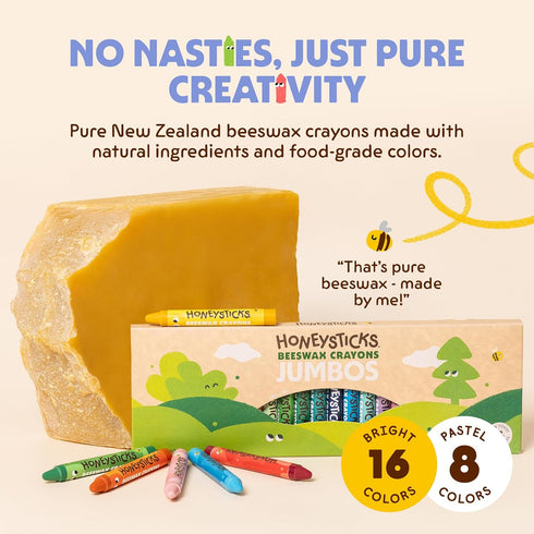 (24 Pack) 100% 24 3-5, 4-8 Honeysticks Jumbo Crayons - Non Toxic Crayons - Pure Beeswax and Food Grade Colors - Bright