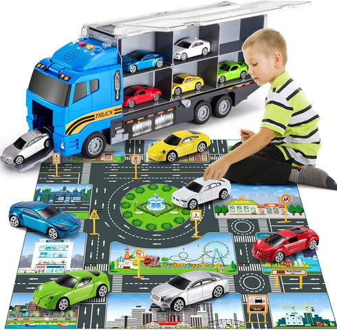TEMI Transport Cars Carrier Set Toys with Play Mat, Die-cast Vehicles Truck for Kids Age 3-9