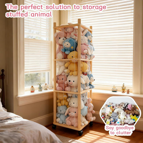 Stuffed Animal Zoo Storage - Sturdy Solid Wood Toy Organizer with Lockable Wheels, Easy-Assemble/Clean, Large Capacity