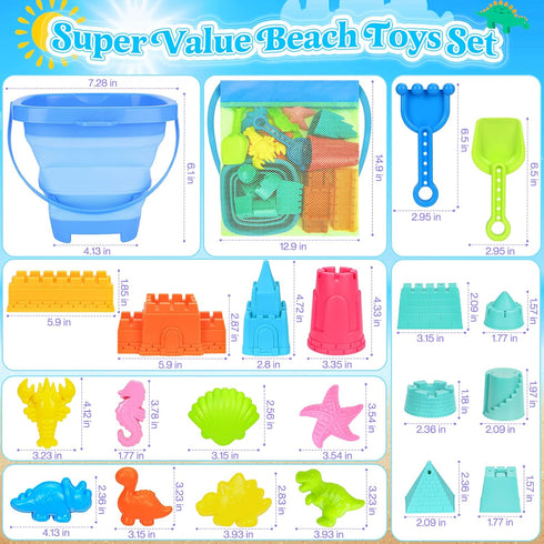 Collapsible Beach Toys for Kids, Sand Bucket and Shovels Set with Mesh Bag for Beach Fun