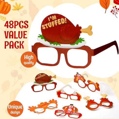 JOYIN 24 Pcs Thanksgiving Turkey Eyeglasses, Pumpkin Maple Leaves Photo Props for Kids Thanksgiving Party