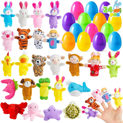 JOYIN 24 Pcs Prefilled Easter Eggs with Animal Finger Puppets for Toddlers