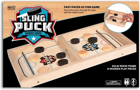 Fast Sling Puck Board Game - Small Wooden Family Games, Table Top Hockey for Adults & Kids