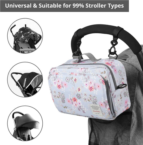 Baby Stroller Organizer Bag with Insulated Pocket, Universal Fit for Diapers, Wipes & Toys, Floral Design