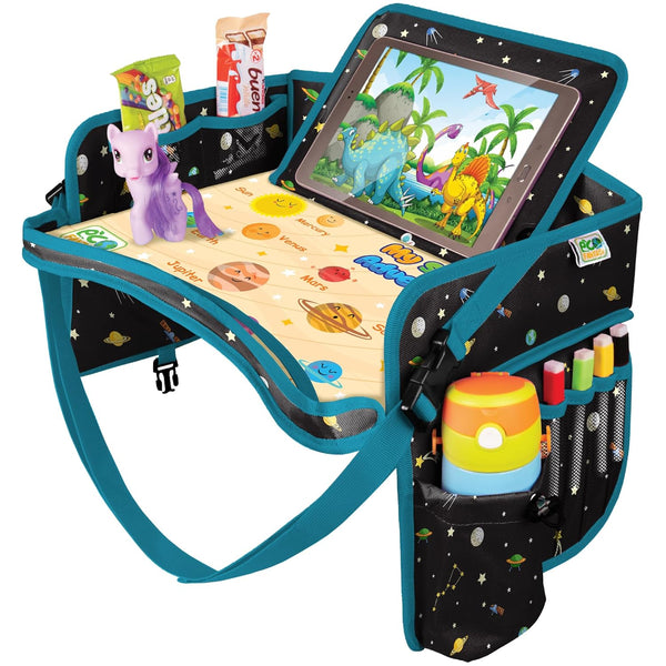 Waterproof Car Seat Tray for Toddler, Kids Travel Lap Desk with Storage for Road Trip Essentials, Black