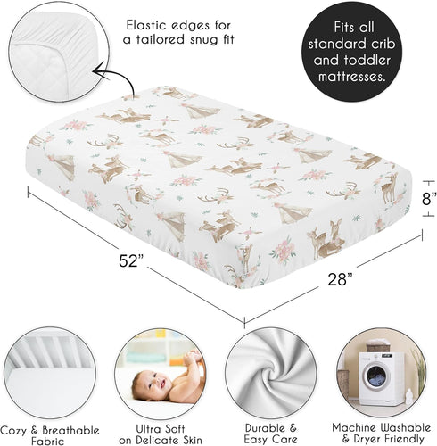 Sweet Jojo Designs Blush Pink, Mint Green and White Boho Baby or Toddler Fitted Crib Sheet for Woodland Deer Floral