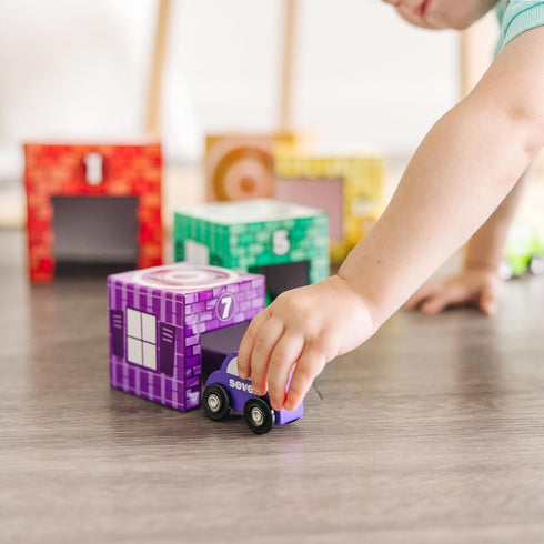 Melissa & Doug Nesting and Sorting Garages and Cars, 7 Graduated Garages and 7 Stackable Wooden Cars