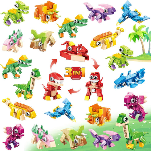 24 Pack Easter Party Favors for Kids, 3-in-1 Dinosaur Building Block Toys,