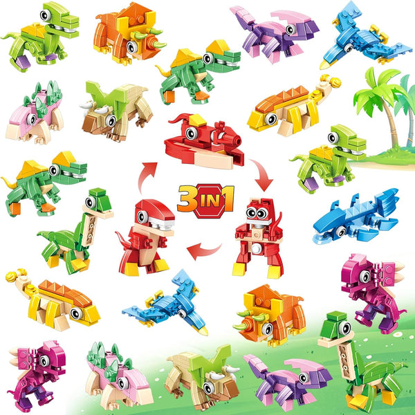 24 Pack Easter Party Favors for Kids, 3-in-1 Dinosaur Building Block Toys,