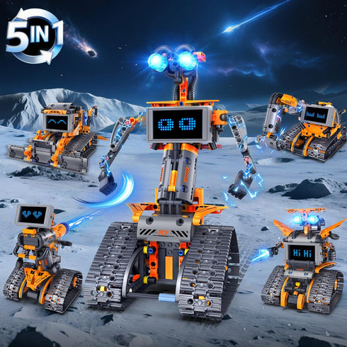 18 Sets, 5-in-1 Programmable 8-14 HOGOKIDS Robot Toys with LED Eyes & Expression Building App & Remote Control