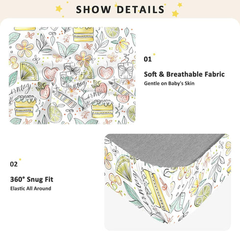 miaozhen 1 Pack 52x28 Cotton Baby Crib Sheets Soft Cute Doodle Drawings Flower Fruit Cake Colorful Crib Mattress Sheet