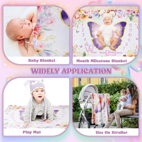 Butterfly Baby Milestone Blanket Set for Girls, Floral Monthly Growth Blanket with Wooden Signs and Bow Headband