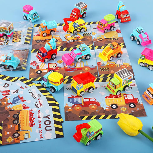 32 Pack Sets Valentines Day Gifts for Kids, Trucks Valentines Day Cards for Kids with Construction Vehicles Toys, Pull