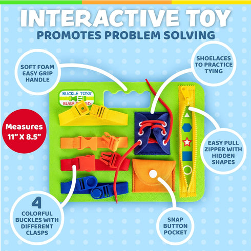 Buckle Toys Green Busy Board for 1 Year Old Toddlers, Montessori Travel Essentials for Kids to Develop Fine Motor Skills