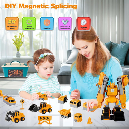 Lawfig 7 1 Set, 3-8 Magnetic Transform Engineering Car Assembled Toys, Construction Vehicles with Storage Box, in Robot