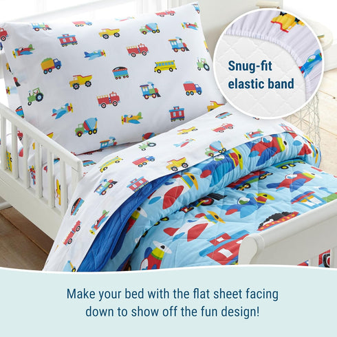 Set 100% Cozy Wildkin Flannel Toddler Sheet Cotton, Soft & Bed Sheets - Trains, Planes, and Trucks