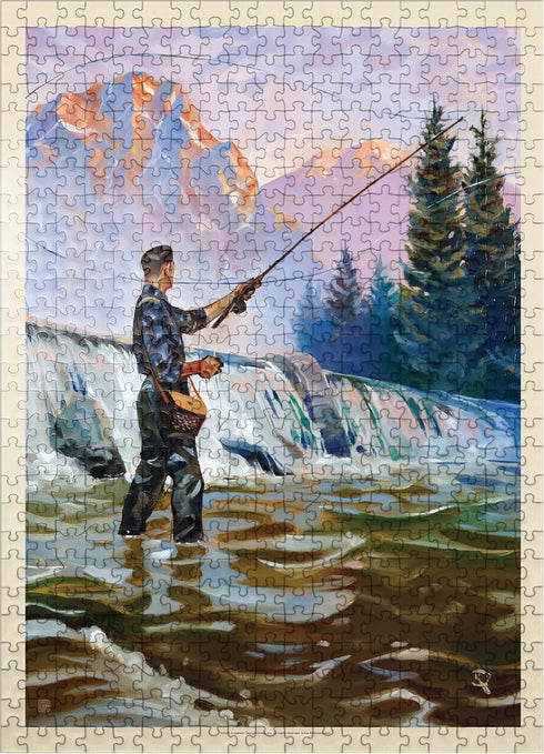 MyPuzzle Classic Sportsman: Fly Fishing, Vintage Poster - Premium 500 Piece Jigsaw Puzzle for Adults