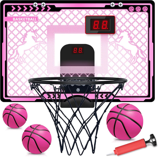 Mini Over The Door Basketball Hoop for Kids - Unicorn Pink with Electronic Scoreboard, 3 Balls, Birthday Gifts for Ages