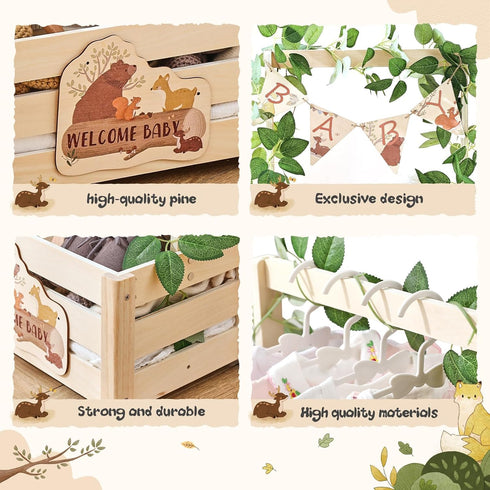 Closet Wooden Baby Shower Crate - Forest Animals Themed Personalized Crate with Hangers & Decorative Accents, Easy