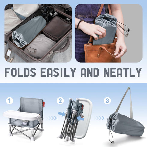 6M-3Y, Tiny Marvels Portable Booster Seat, Foldable Baby High Chair with Removable Tray, Safety Harness & Carry Bag