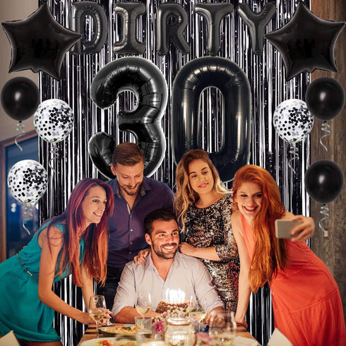 JOYMEMO 30th Birthday Decorations - Black Dirty Thirty Foil Balloon, Cake Toppers, Happy Birthday Banner, Star Confetti