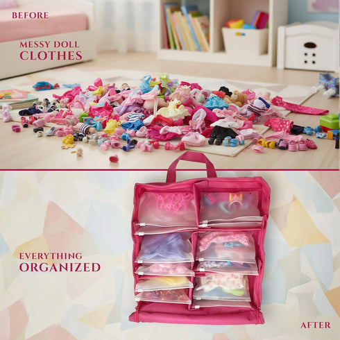 3 100 Primo Lines Doll Clothes & Accessories Storage Organizer Pink Stackable Bags with Adjustable Dividers, Resealable