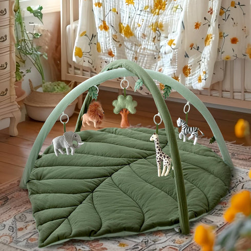 5 Tummy Baby Play Gym with Mat Leaf Shaped, Baby Play Mat with Hanging Toys Time Mat, Baby Gym Activity Center