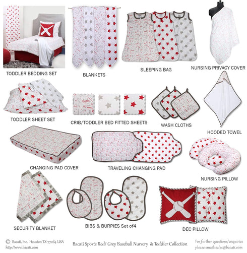Baseball Themed Muslin Quilted Changing Pad Cover in Red/Grey