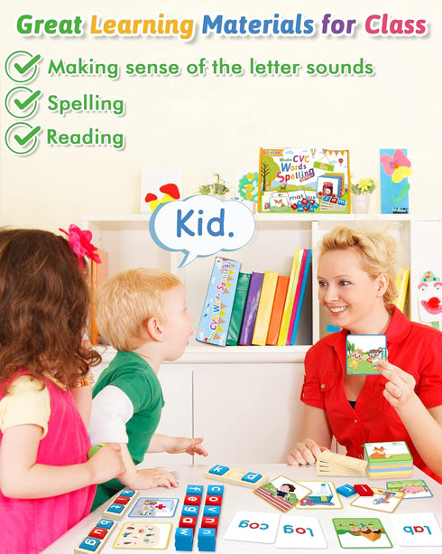 Gojmzo Wooden CVC Word Spelling Games, Montessori Educational Toys Gifts for 3-6 Year Old Kids, Sight Words Flash Cards