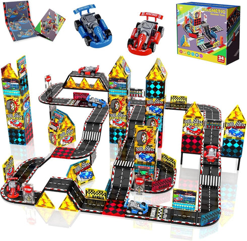 Magnetic Tiles Road Set, Rail Race Track with 2 Racer Cars, Magnetic