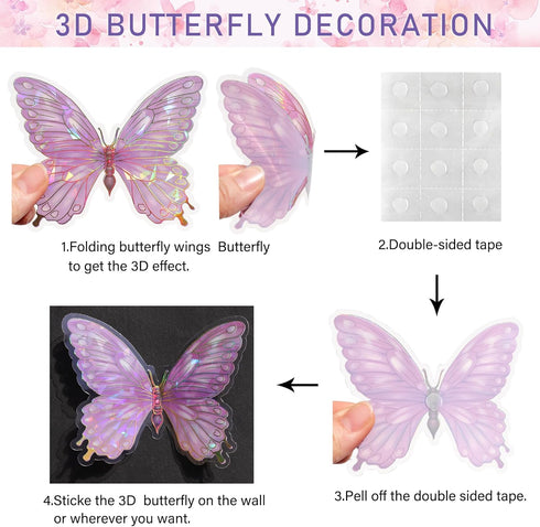 3D 50PCS (2.8"-3.9")- Butterfly Wall Decor - Removable PVC Butterflies Wall Stickers- Multi-Size DIY Removable Wall Art