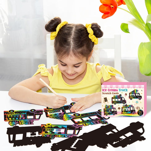 CY2SIDE 60PCS Summer Set Ice-Cream Truck Scratch Cards - Ice Cream Cart Scratch Craft Paper Ornament Gift for Kid