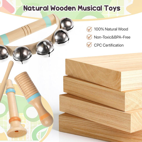 Miljgte 1-3, Set 12-18 Wooden Musical Instruments for Toddlers Montessori Percussion with Xylophone, Natural Music
