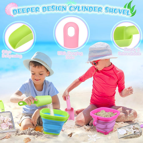 FHOZGECY 2 2 Beach Toys, Sand Toys with Collapsible Bucket, Beach Mesh Shovel, Sand Shovel, Shark Tooth Sifter and Mesh