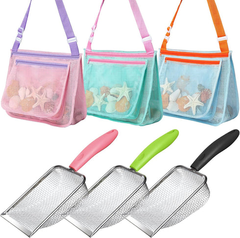 LIDAGO Beach Toy Set Include 3 Mesh Shovels and 3 Beach Mesh Bags,Kids