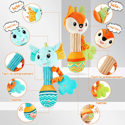 Baby Rattles 0-6 Months, Soft Sensory Shaker Teething Toys for Babies 6-12 Months, 2PCS Plush Animal Toys