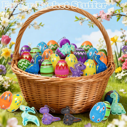 24 Pack Prefilled Easter Eggs with Dinosaur Pop Keychain Toys for Egg Hunt Easter Party Favors for Kids Boys Girls