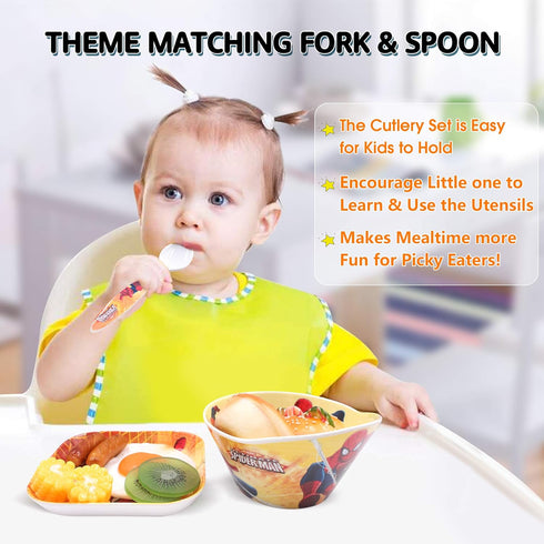 4 Pcs Cartoon Durable Tableware Set, Meal Dishes with Bowl, Plate, Cup, Matching Spoon and Fork