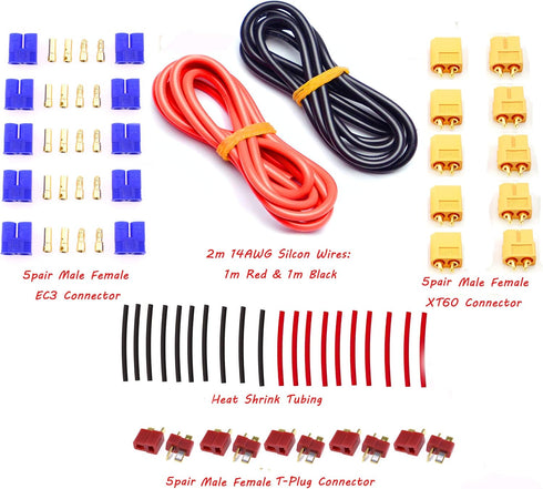 T-Plug EC3 XT60 Male Female Connector Adapters with 14AWG Silicone Wire, 52PCS for RC ESC Lipo Battery