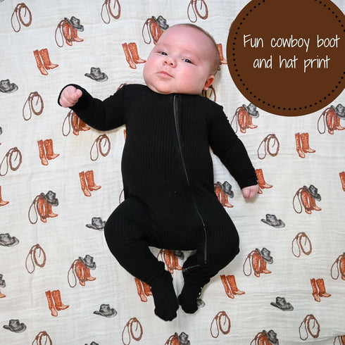 Swaddle Blanket, 100% Muslin Cotton, Gender Neutral Newborn Nursery Essentials, Cowboy Boot Print
