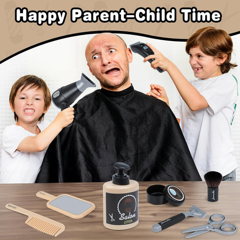 WishaLife Kids Barber Shop Playset - Hair Cutting Kit for Boys, Kids Shaving Kit, Hair Salon Pretend Play Toy Gift for