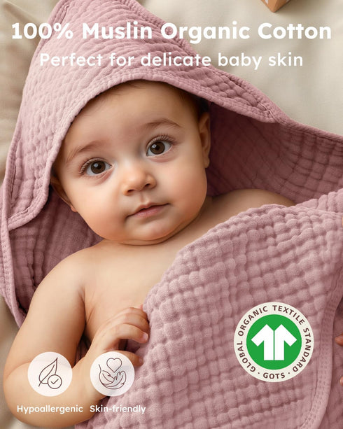 2 Pack 100% Kids,37.5"x37.5", Yoofoss Hooded Baby Towels for Newborn Muslin Organic Cotton Baby Bath Towel with Hood