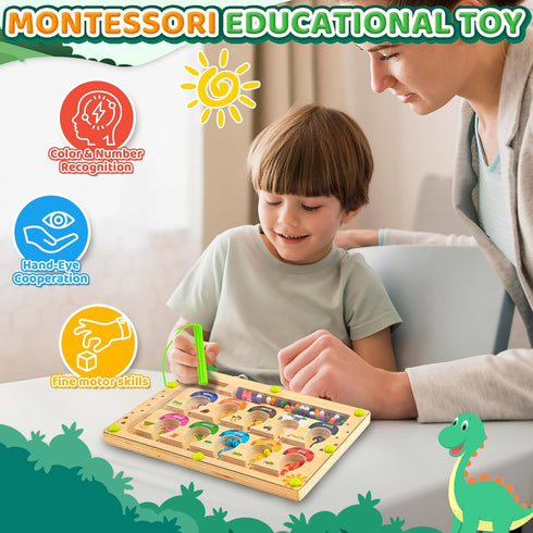 Zemobra Montessori Toys Busy Board Travel Toys for Toddlers Kids Wooden Magnetic Color and Number Maze Puzzle, Dinosaur