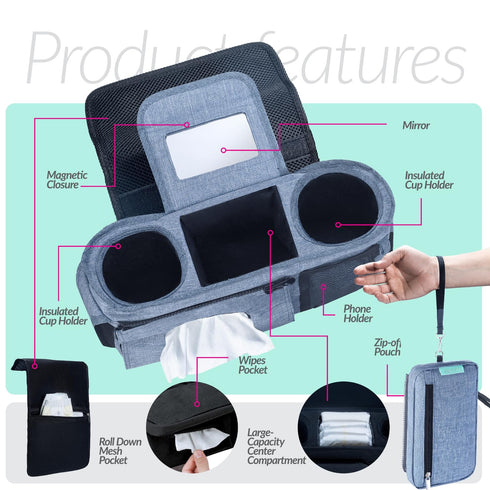 v2 Swanoo Stroller Caddy Organizer With Cup Holder, Non-Slip Straps, Bag for Phone, Pet Accessories, Universal Fits