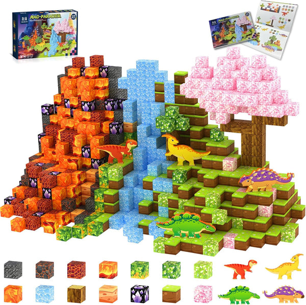158PCS Magnetic Blocks- 1Inch Magnetic Cubes 3D Dinosaur World for Kids STEM